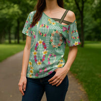 Hawaiian Leis Cross Shoulder Shirt Kakau Tattoos and Palaka Pastel Green Color
