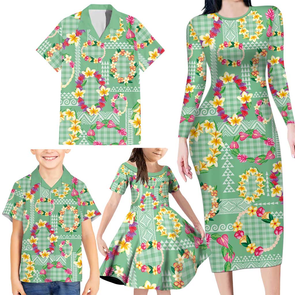 Hawaiian Leis Family Matching Long Sleeve Bodycon Dress and Hawaiian Shirt Kakau Tattoos and Palaka Pastel Green Color