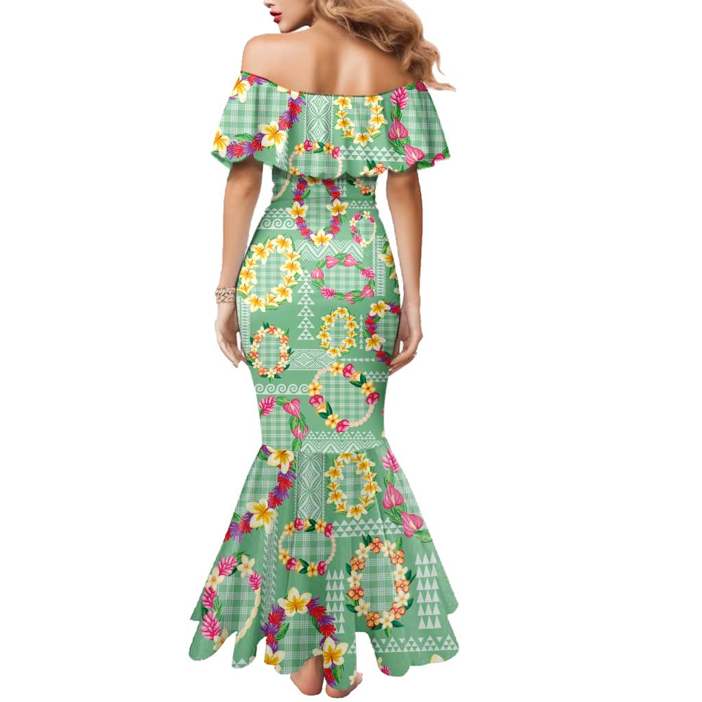 Hawaiian Leis Family Matching Mermaid Dress and Hawaiian Shirt Kakau Tattoos and Palaka Pastel Green Color LT03 - Polynesian Pride