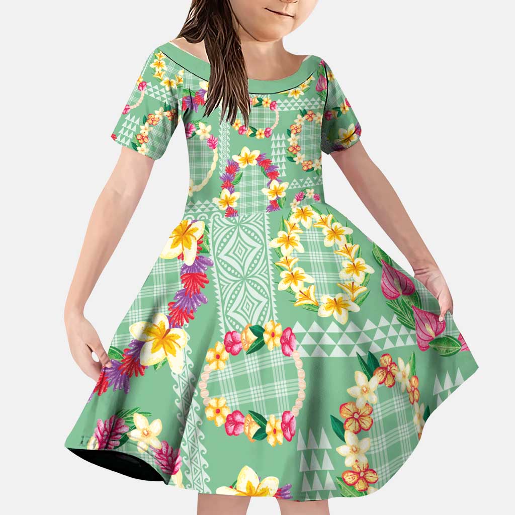 Hawaiian Leis Family Matching Off The Shoulder Long Sleeve Dress and Hawaiian Shirt Kakau Tattoos and Palaka Pastel Green Color LT03 Daughter's Dress Green - Polynesian Pride