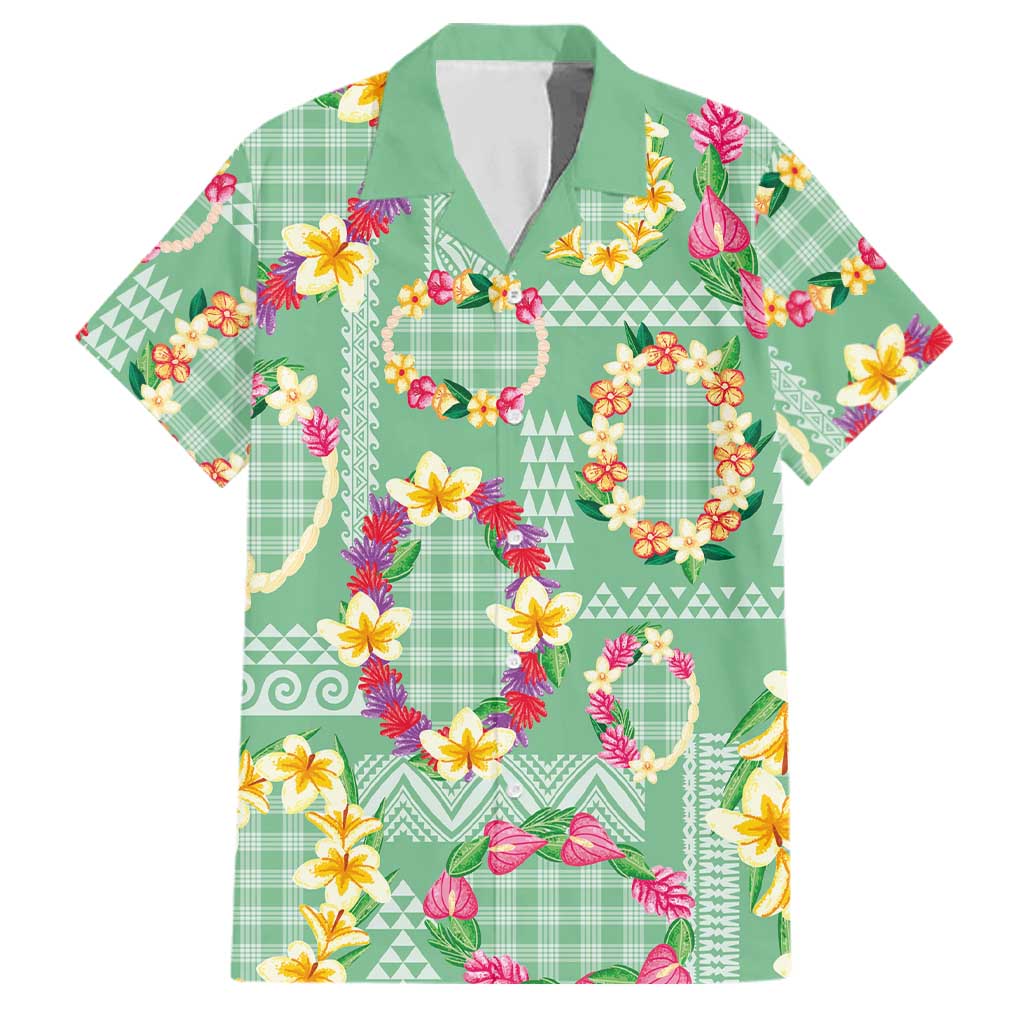 Hawaiian Leis Family Matching Off The Shoulder Long Sleeve Dress and Hawaiian Shirt Kakau Tattoos and Palaka Pastel Green Color LT03 Dad's Shirt - Short Sleeve Green - Polynesian Pride