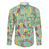 Hawaiian Leis Family Matching Off Shoulder Maxi Dress and Hawaiian Shirt Kakau Tattoos and Palaka Pastel Green Color LT03 Dad's Shirt - Long Sleeve Green - Polynesian Pride