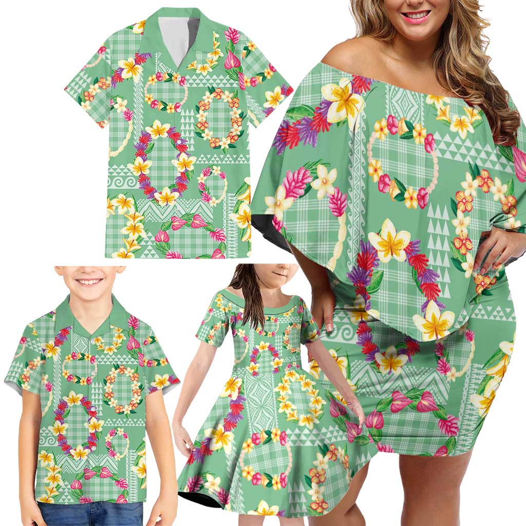 Hawaiian Leis Family Matching Off Shoulder Short Dress and Hawaiian Shirt Kakau Tattoos and Palaka Pastel Green Color LT03 - Polynesian Pride