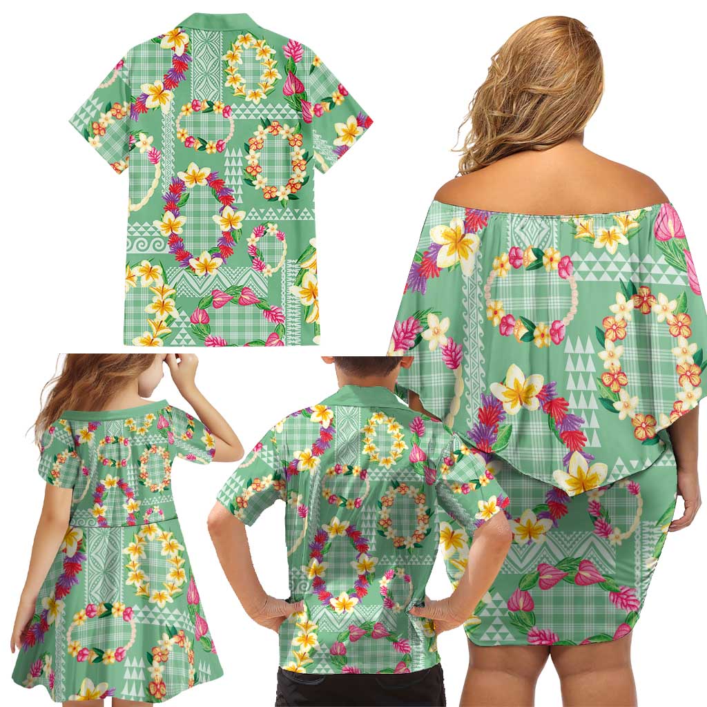 Hawaiian Leis Family Matching Off Shoulder Short Dress and Hawaiian Shirt Kakau Tattoos and Palaka Pastel Green Color LT03 - Polynesian Pride