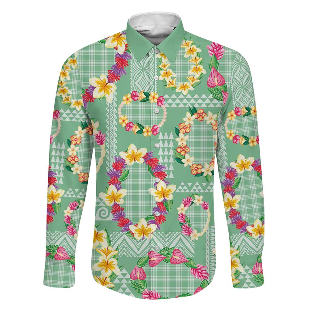 Hawaiian Leis Family Matching Off Shoulder Short Dress and Hawaiian Shirt Kakau Tattoos and Palaka Pastel Green Color LT03 Dad's Shirt - Long Sleeve Green - Polynesian Pride
