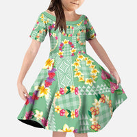 Hawaiian Leis Family Matching Puletasi and Hawaiian Shirt Kakau Tattoos and Palaka Pastel Green Color LT03 Daughter's Dress Green - Polynesian Pride
