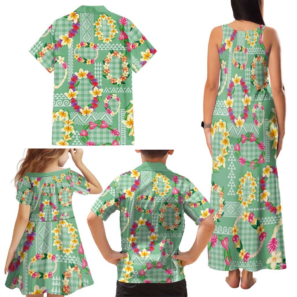 Hawaiian Leis Family Matching Tank Maxi Dress and Hawaiian Shirt Kakau Tattoos and Palaka Pastel Green Color LT03 - Polynesian Pride
