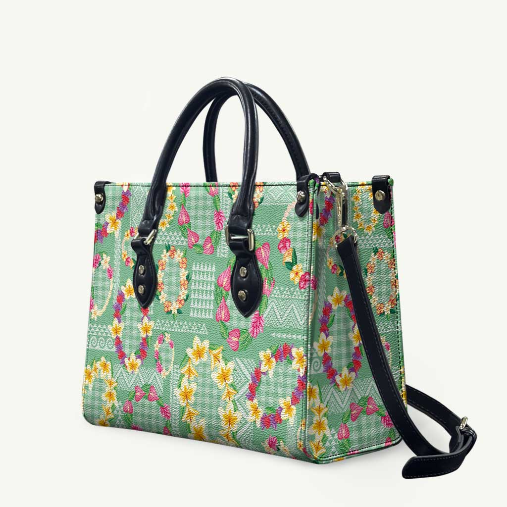 Hawaiian Leis Leather Bag Kakau Tattoos and Palaka Pastel Green Color