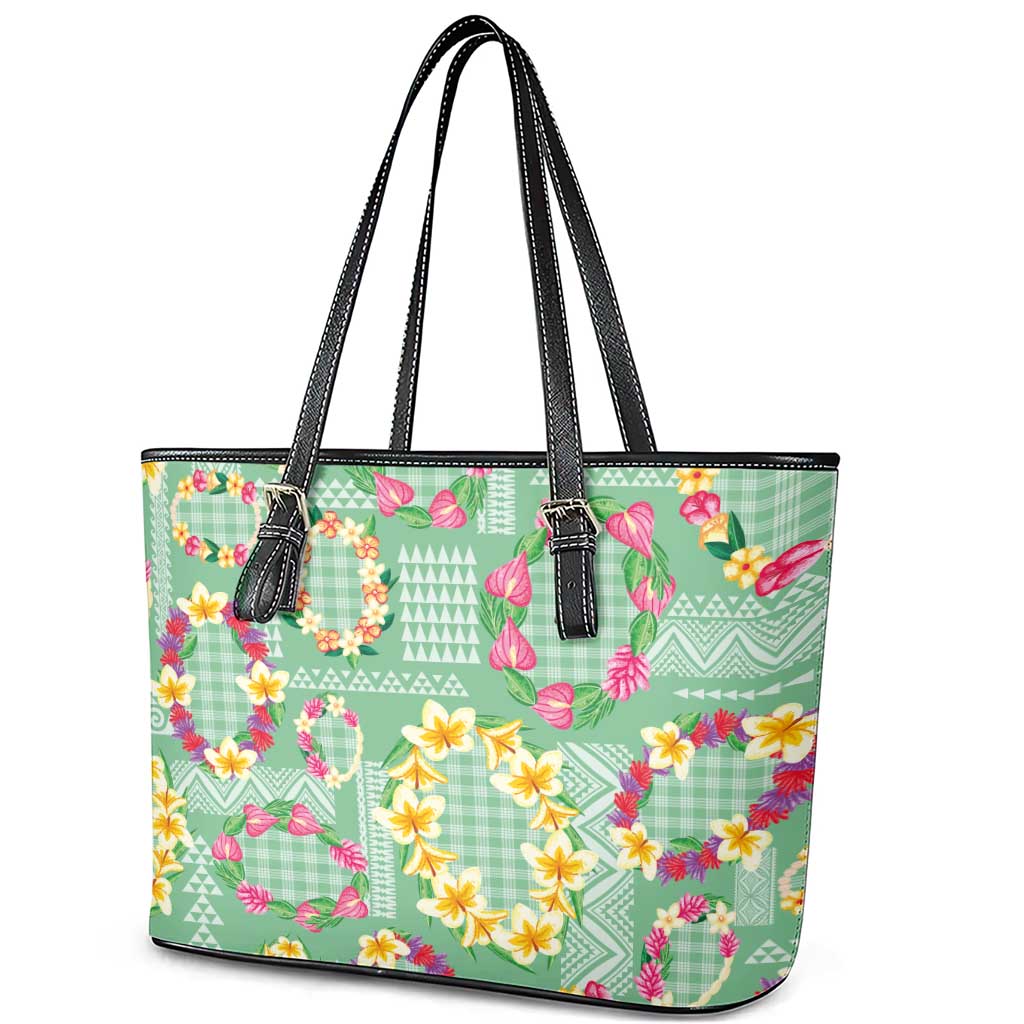 Hawaiian Leis Leather Tote Bag Kakau Tattoos and Palaka Pastel Green Color