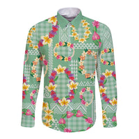 Hawaiian Leis Long Sleeve Button Shirt Kakau Tattoos and Palaka Pastel Green Color