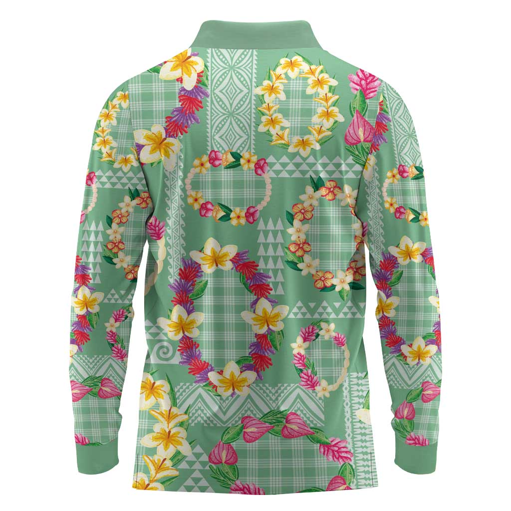 Hawaiian Leis Long Sleeve Polo Shirt Kakau Tattoos and Palaka Pastel Green Color LT03 - Polynesian Pride