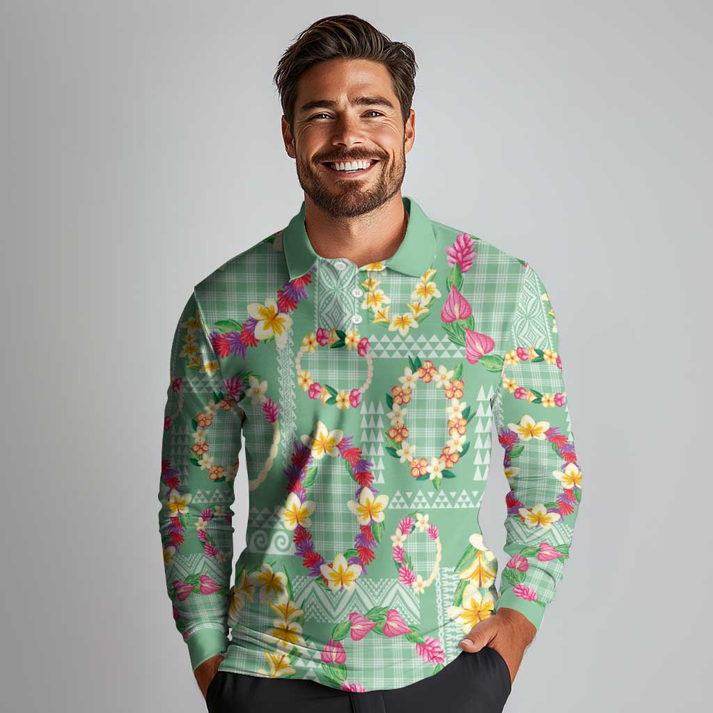 Hawaiian Leis Long Sleeve Polo Shirt Kakau Tattoos and Palaka Pastel Green Color LT03 - Polynesian Pride