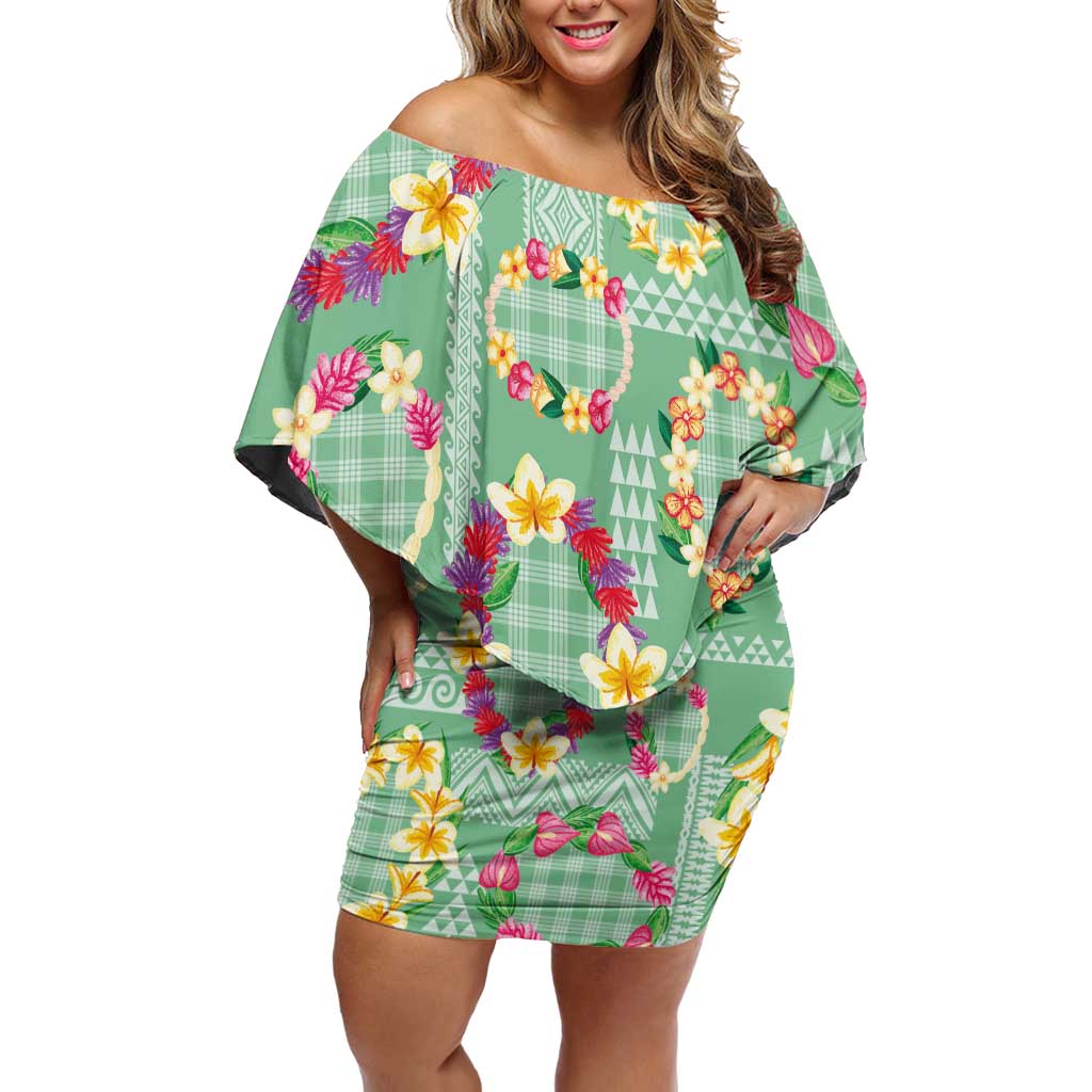 Hawaiian Leis Off Shoulder Short Dress Kakau Tattoos and Palaka Pastel Green Color LT03 Women Green - Polynesian Pride