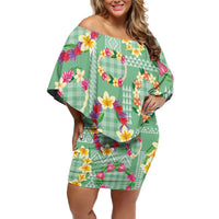 Hawaiian Leis Off Shoulder Short Dress Kakau Tattoos and Palaka Pastel Green Color LT03 Women Green - Polynesian Pride