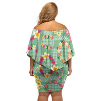 Hawaiian Leis Off Shoulder Short Dress Kakau Tattoos and Palaka Pastel Green Color LT03 - Polynesian Pride