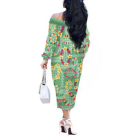 Hawaiian Leis Off The Shoulder Long Sleeve Dress Kakau Tattoos and Palaka Pastel Green Color LT03 - Polynesian Pride