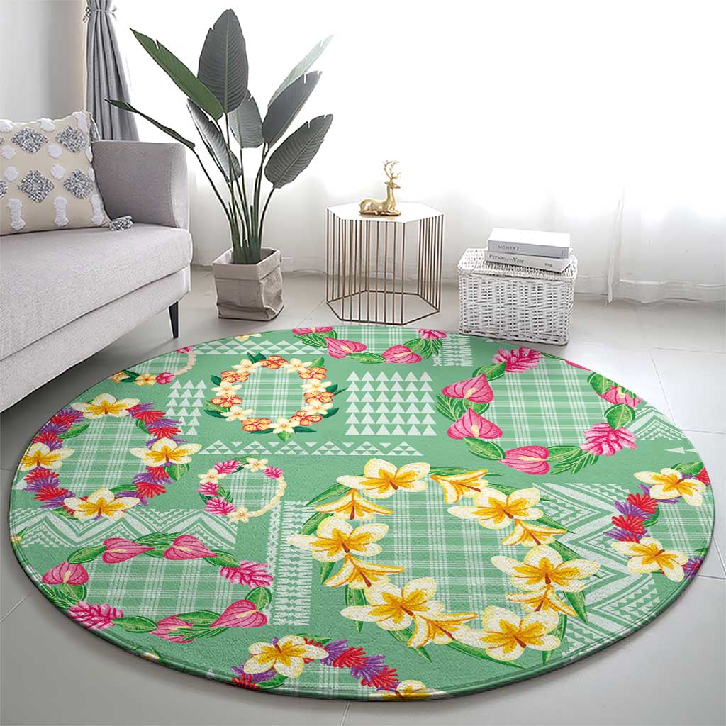 Hawaiian Leis Round Carpet Kakau Tattoos and Palaka Pastel Green Color
