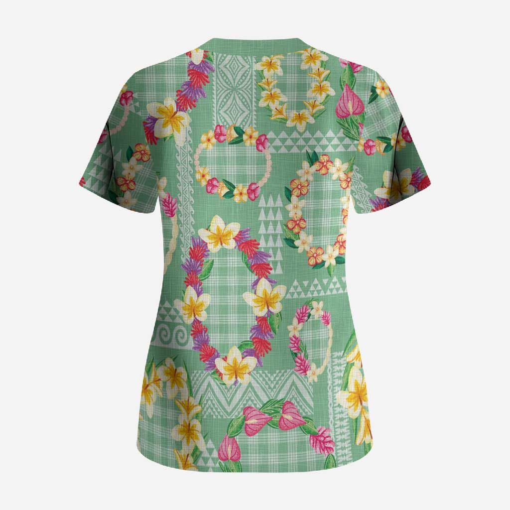 Hawaiian Leis Scrub Top Kakau Tattoos and Palaka Pastel Green Color