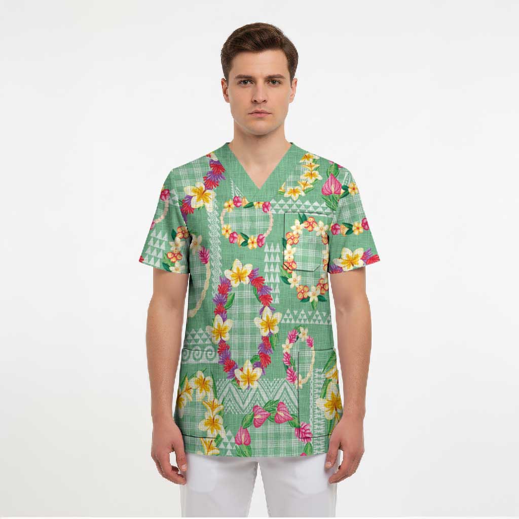 Hawaiian Leis Scrub Top Kakau Tattoos and Palaka Pastel Green Color