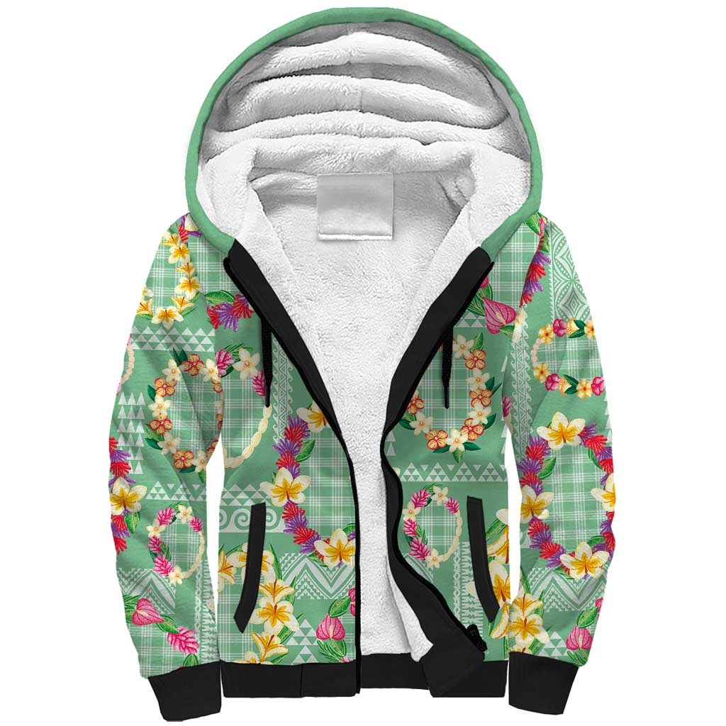 Hawaiian Leis Sherpa Hoodie Kakau Tattoos and Palaka Pastel Green Color LT03 Unisex Green - Polynesian Pride