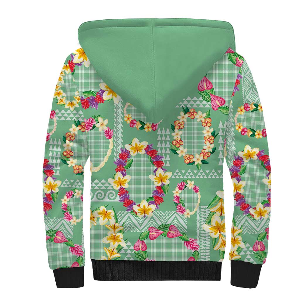 Hawaiian Leis Sherpa Hoodie Kakau Tattoos and Palaka Pastel Green Color LT03 - Polynesian Pride