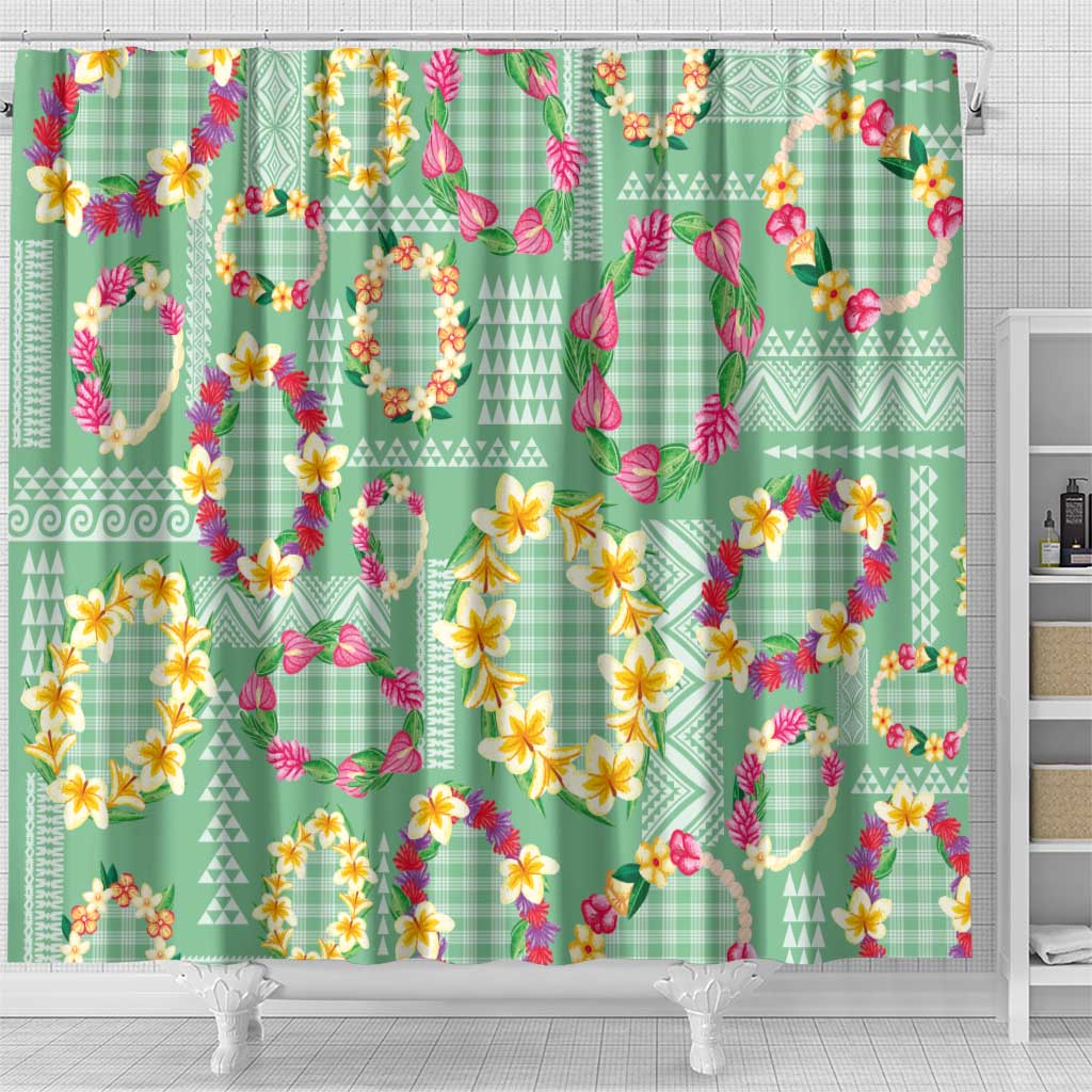 Hawaiian Leis Shower Curtain Kakau Tattoos and Palaka Pastel Green Color