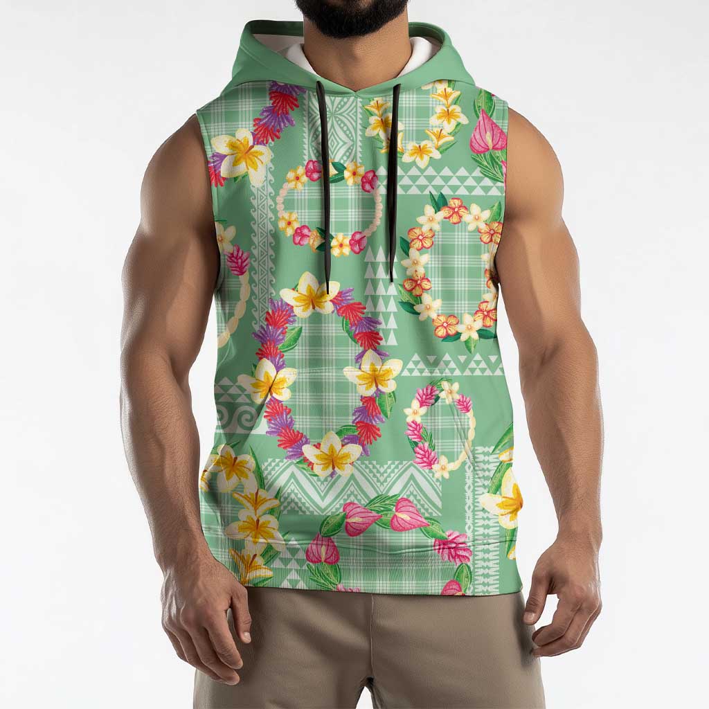 Hawaiian Leis Sleeveless Hoodie Kakau Tattoos and Palaka Pastel Green Color LT03 - Polynesian Pride