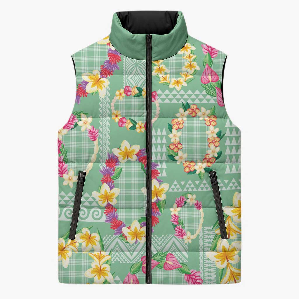 Hawaiian Leis Sleeveless Puffer Jacket Kakau Tattoos and Palaka Pastel Green Color