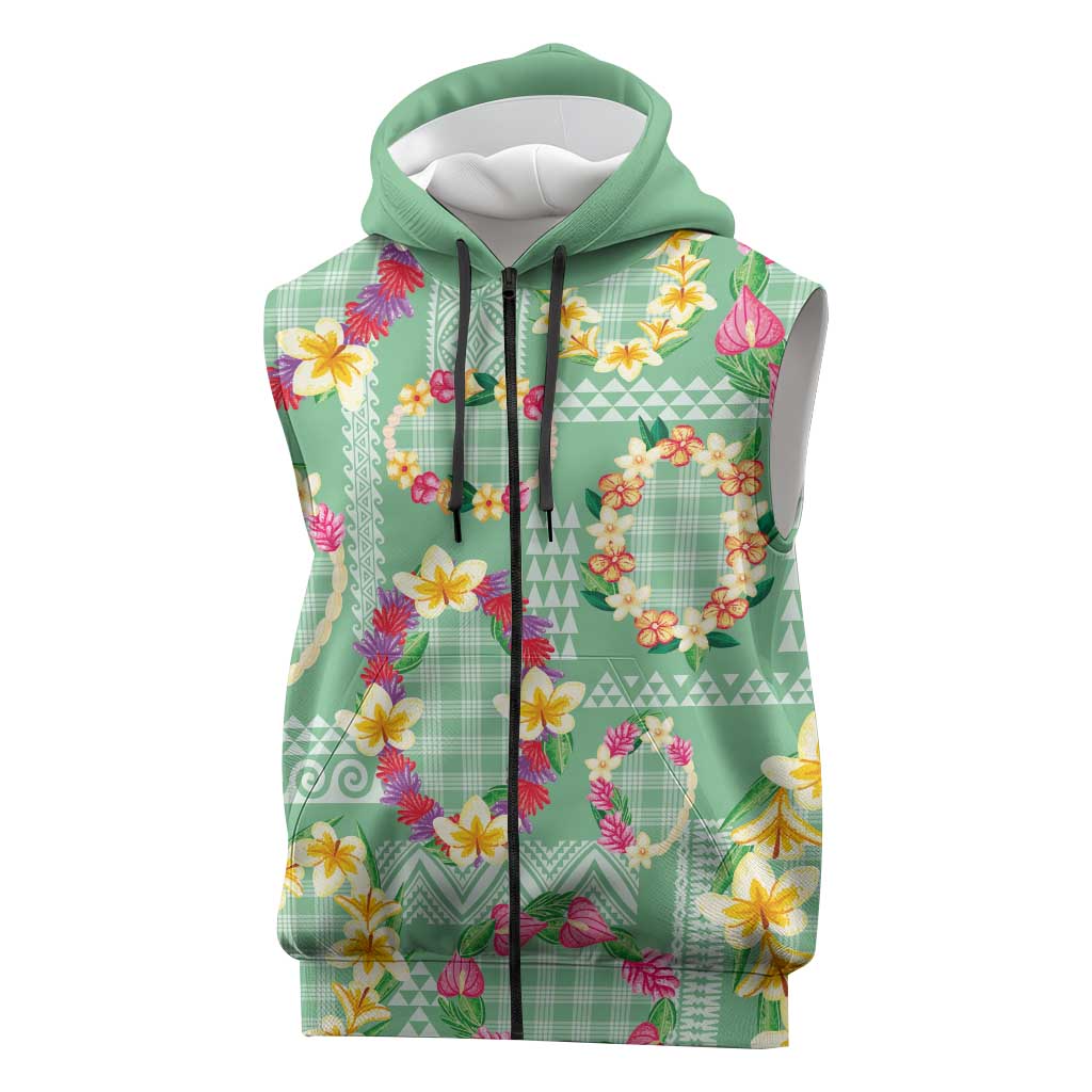 Hawaiian Leis Sleeveless Zip Hoodie Kakau Tattoos and Palaka Pastel Green Color LT03 Green - Polynesian Pride