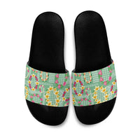 Hawaiian Leis Slide Sandals Kakau Tattoos and Palaka Pastel Green Color