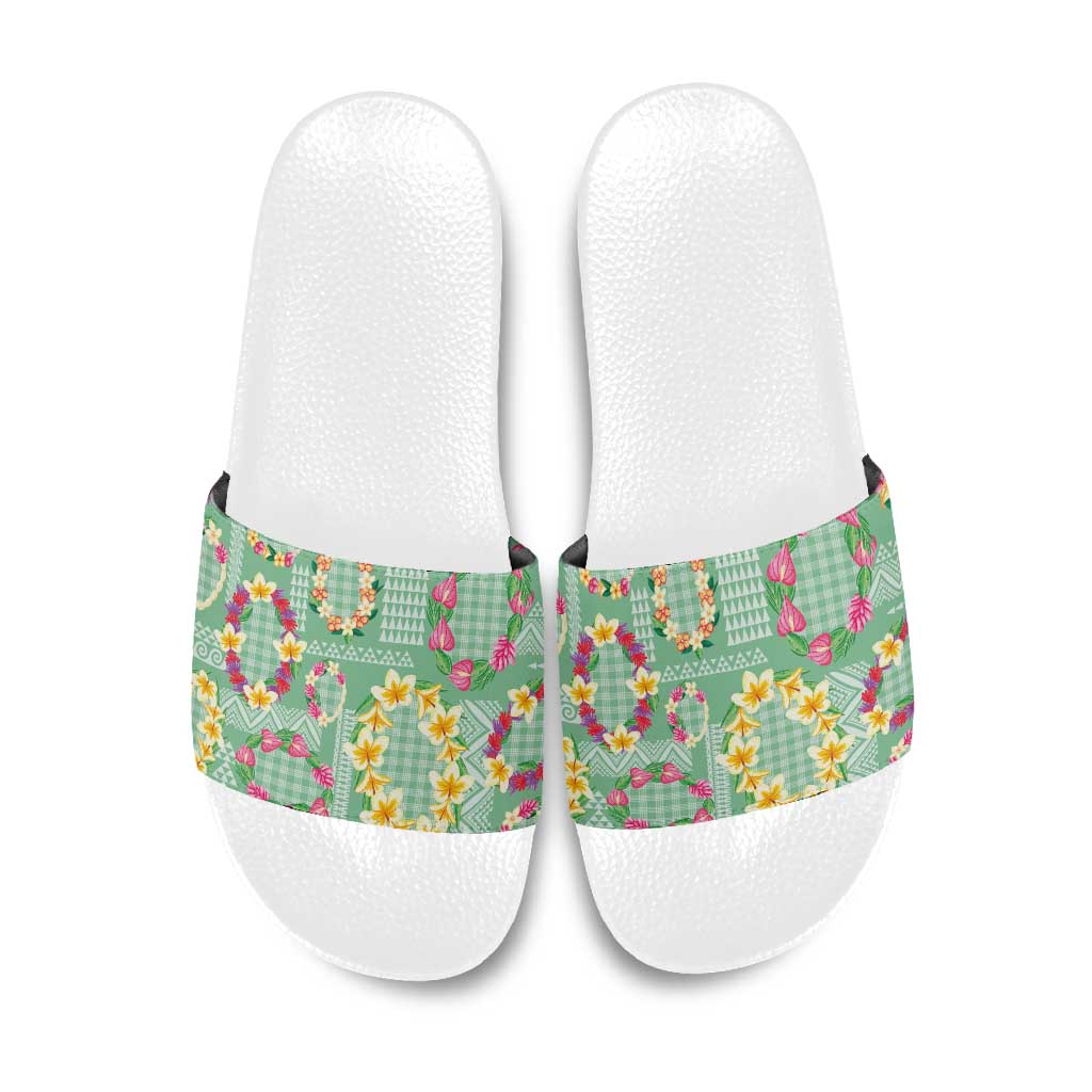 Hawaiian Leis Slide Sandals Kakau Tattoos and Palaka Pastel Green Color