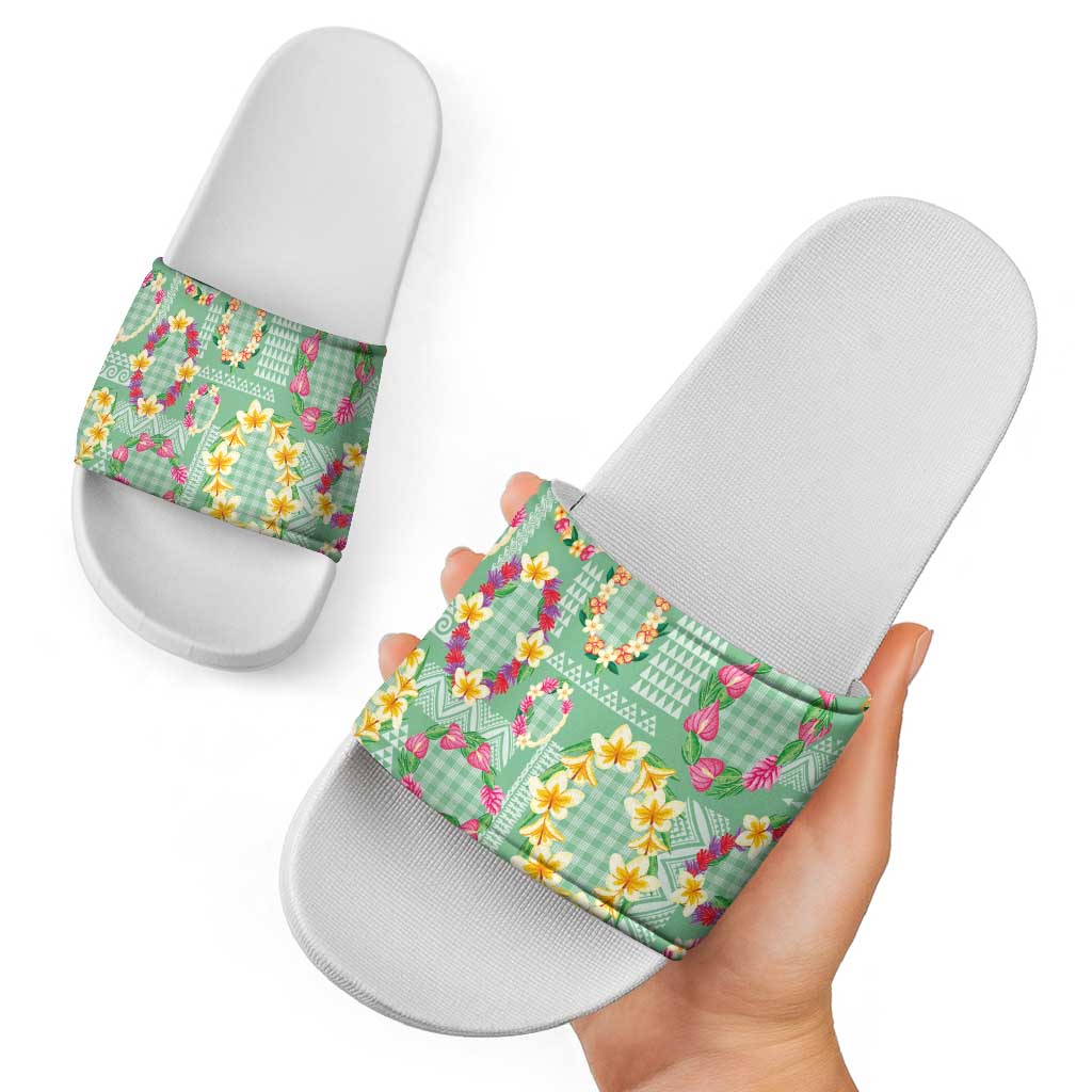 Hawaiian Leis Slide Sandals Kakau Tattoos and Palaka Pastel Green Color