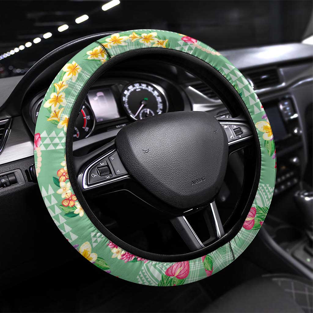 Hawaiian Leis Steering Wheel Cover Kakau Tattoos and Palaka Pastel Green Color