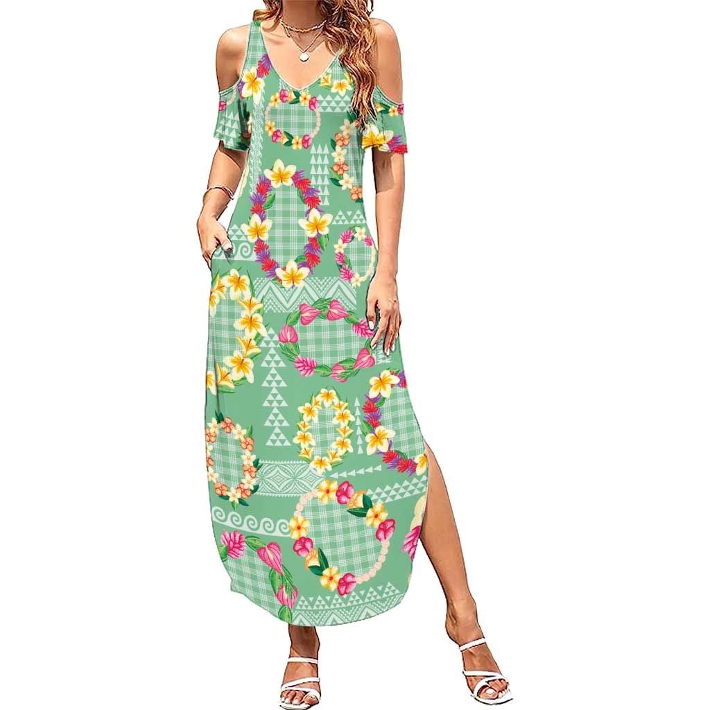 Hawaiian Leis Summer Maxi Dress Kakau Tattoos and Palaka Pastel Green Color