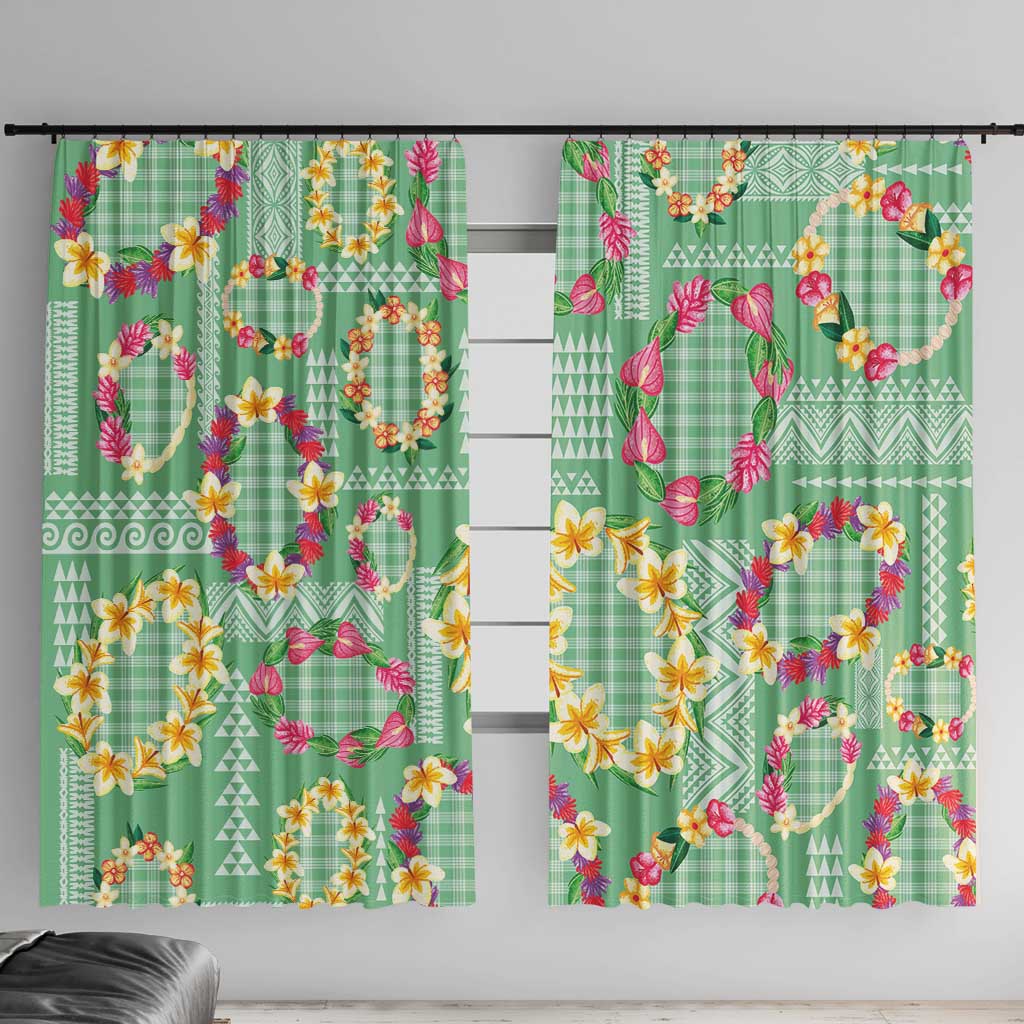 Hawaiian Leis Window Curtain Kakau Tattoos and Palaka Pastel Green Color LT03 With Hooks Green - Polynesian Pride