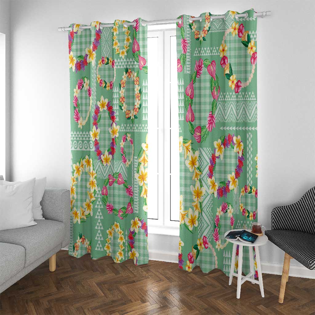 Hawaiian Leis Window Curtain Kakau Tattoos and Palaka Pastel Green Color LT03 With Grommets Green - Polynesian Pride