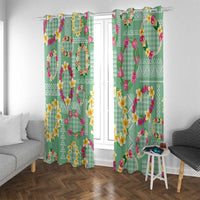 Hawaiian Leis Window Curtain Kakau Tattoos and Palaka Pastel Green Color LT03 With Grommets Green - Polynesian Pride