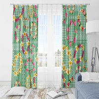 Hawaiian Leis Window Curtain Kakau Tattoos and Palaka Pastel Green Color LT03 - Polynesian Pride