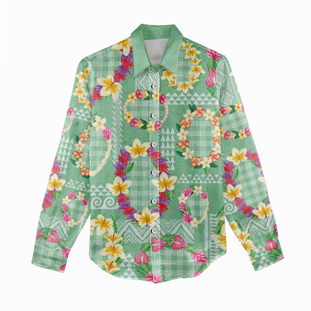 Hawaiian Leis Women Casual Shirt Kakau Tattoos and Palaka Pastel Green Color LT03 - Polynesian Pride