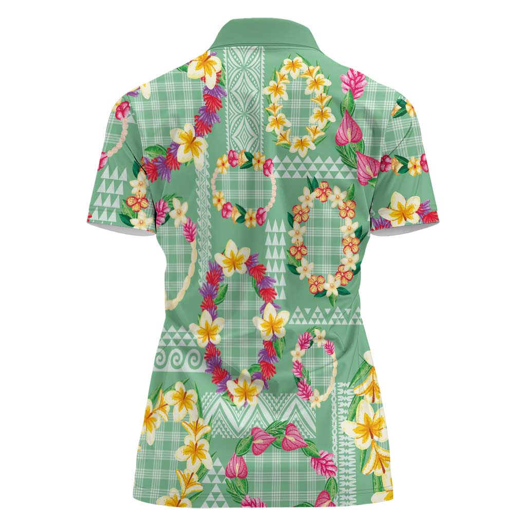 Hawaiian Leis Women Polo Shirt Kakau Tattoos and Palaka Pastel Green Color LT03 - Polynesian Pride