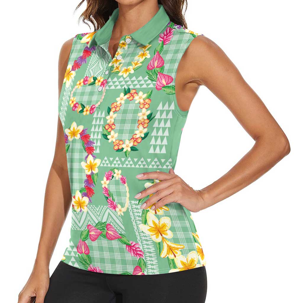 Hawaiian Leis Women Sleeveless Polo Shirt Kakau Tattoos and Palaka Pastel Green Color LT03 - Polynesian Pride