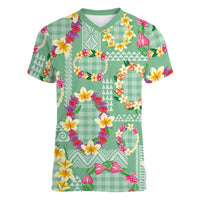 Hawaiian Leis Women V-Neck T-Shirt Kakau Tattoos and Palaka Pastel Green Color LT03 Female Green - Polynesian Pride
