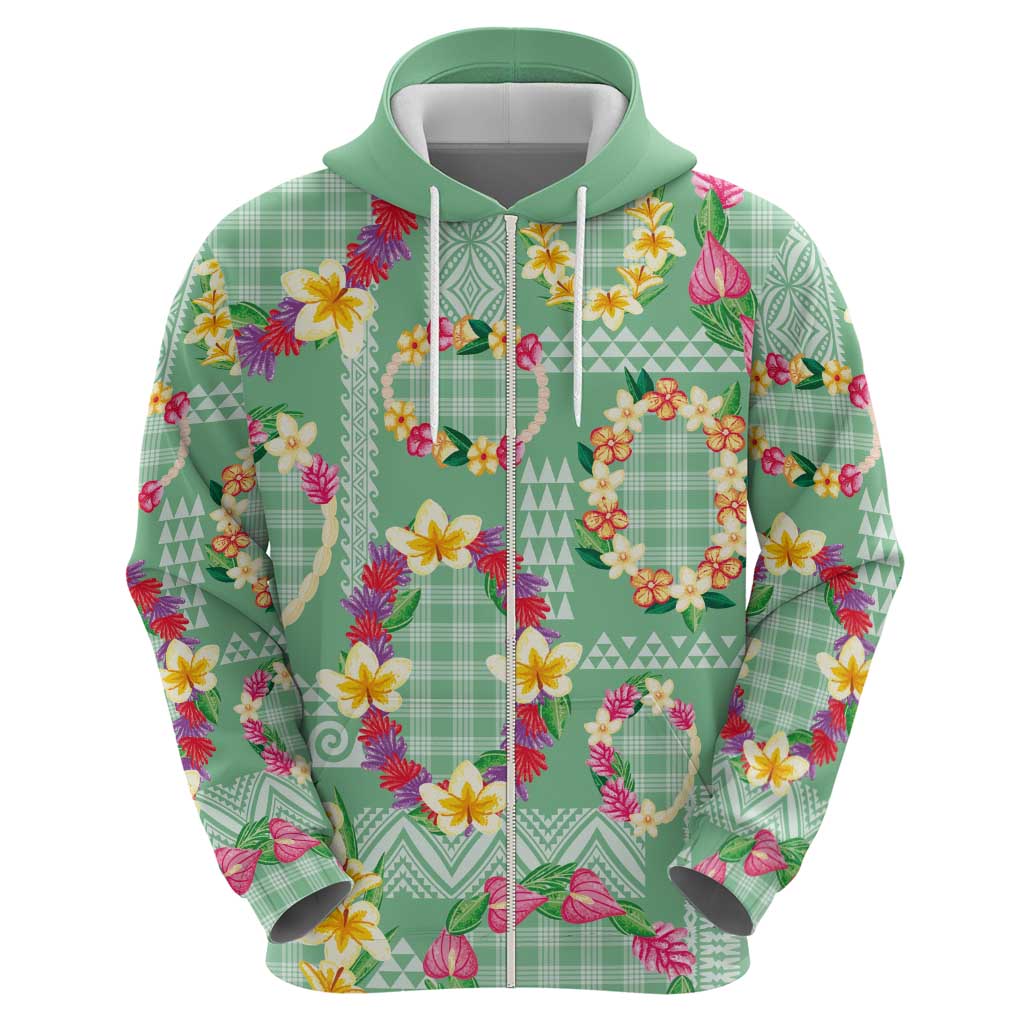 Hawaiian Leis Zip Hoodie Kakau Tattoos and Palaka Pastel Green Color