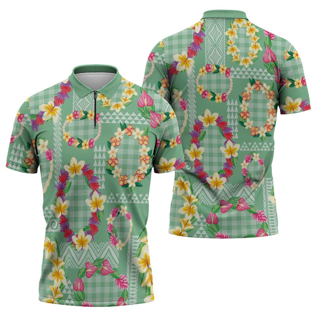 Hawaiian Leis Zipper Polo Shirt Kakau Tattoos and Palaka Pastel Green Color LT03 - Polynesian Pride