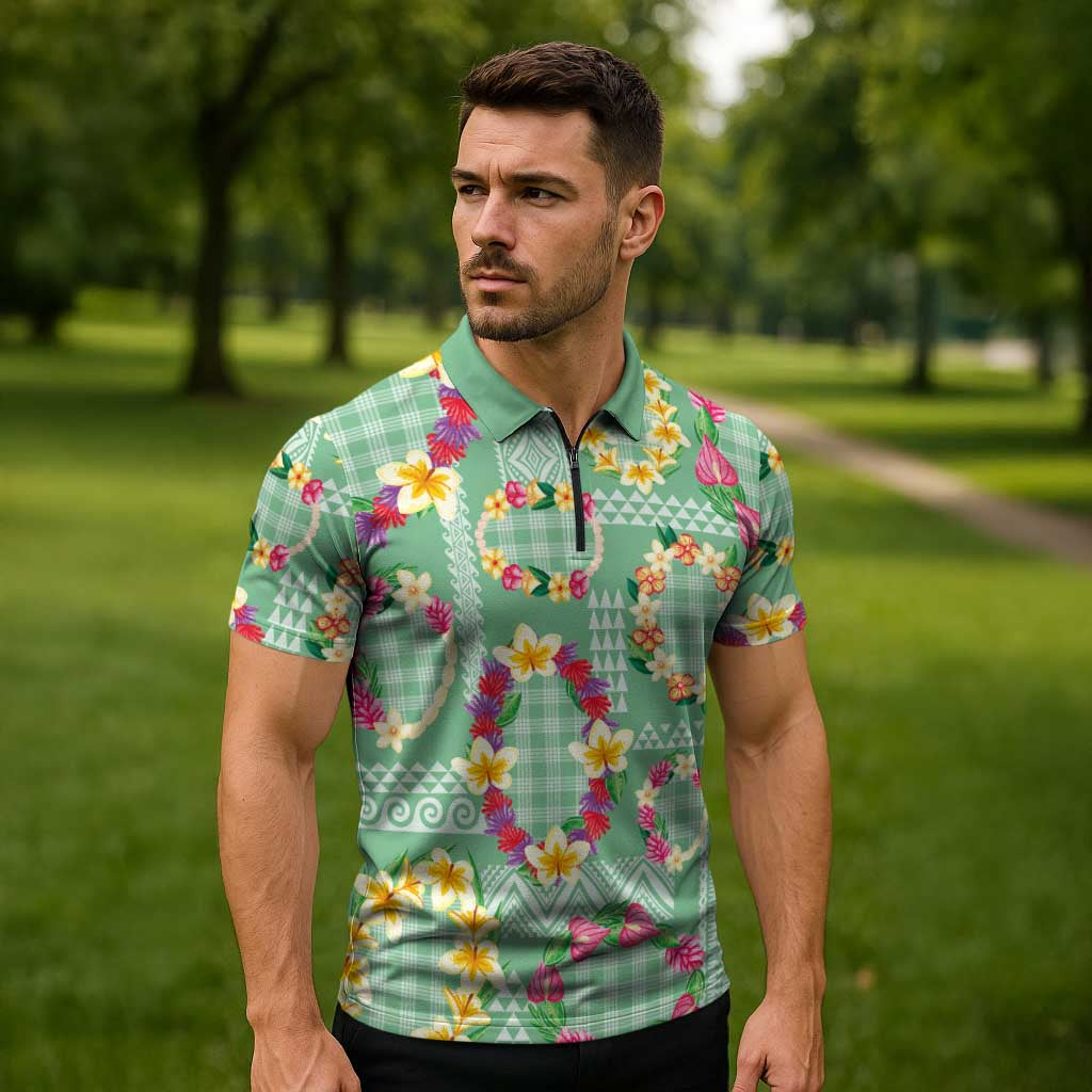 Hawaiian Leis Zipper Polo Shirt Kakau Tattoos and Palaka Pastel Green Color LT03 - Polynesian Pride