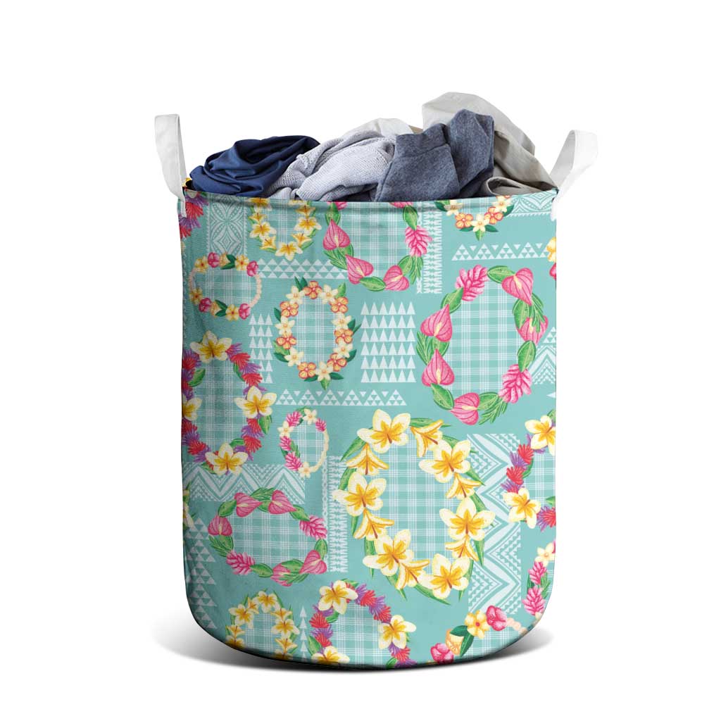 Hawaiian Leis Laundry Basket Kakau Tattoos and Palaka Pastel Teal Color