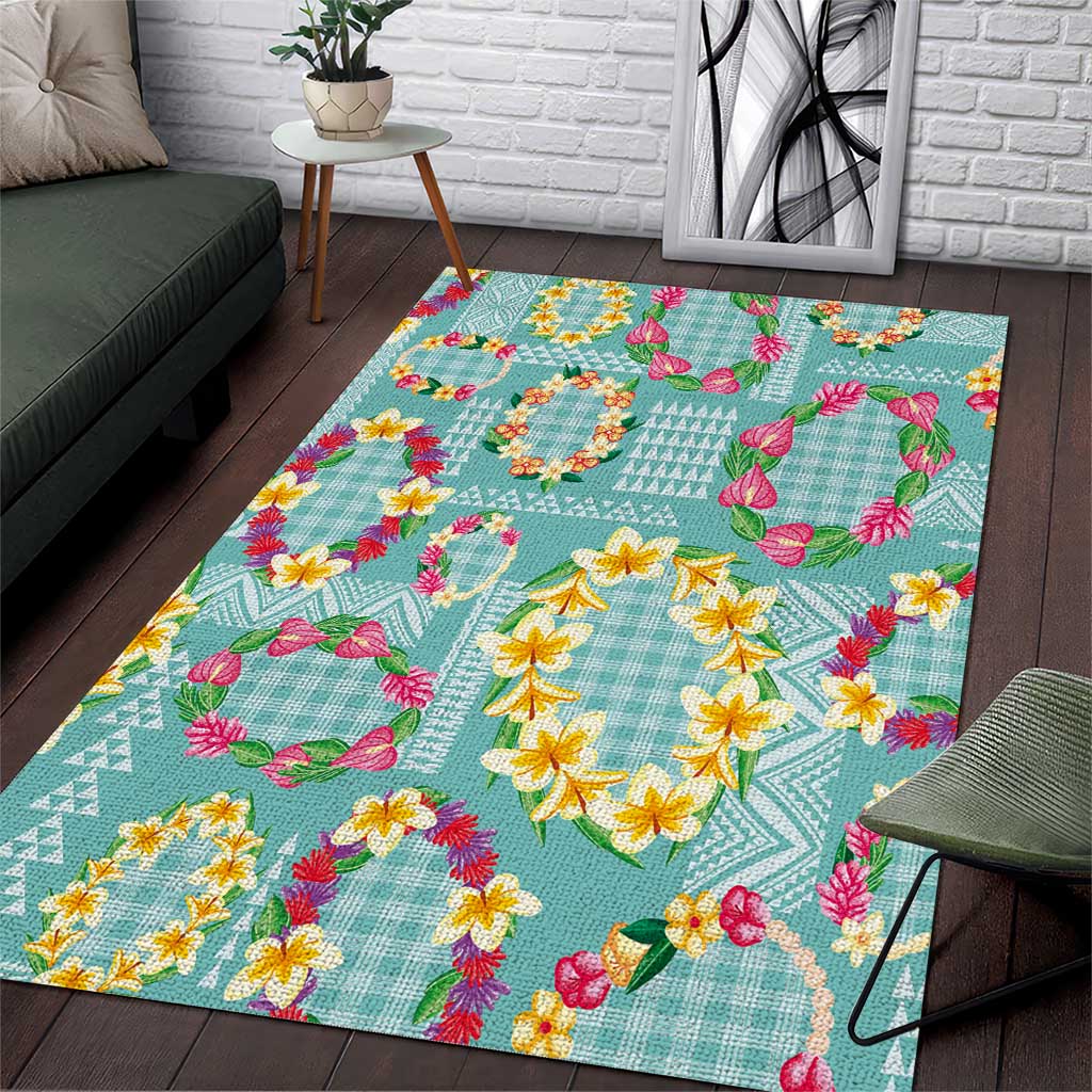 Hawaiian Leis Area Rug Kakau Tattoos and Palaka Pastel Teal Color