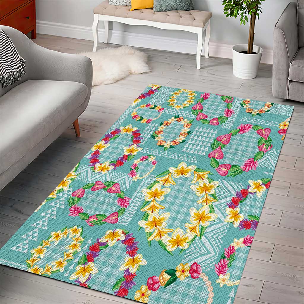 Hawaiian Leis Area Rug Kakau Tattoos and Palaka Pastel Teal Color