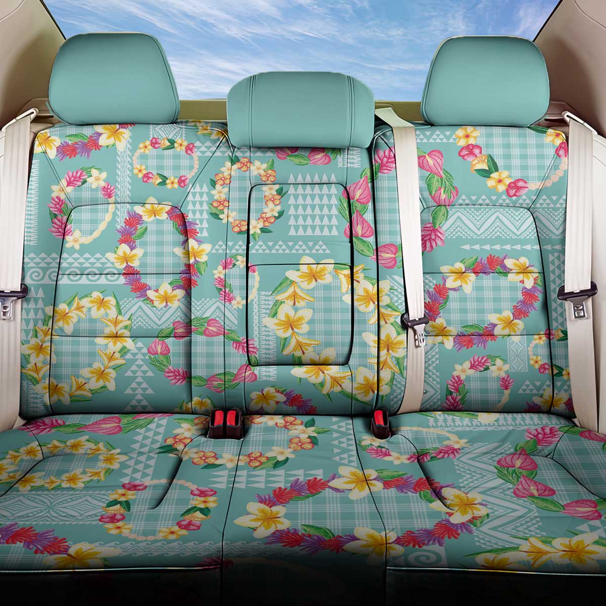 Hawaiian Leis Back Car Seat Cover Kakau Tattoos and Palaka Pastel Teal Color LT03 One Size Teal - Polynesian Pride