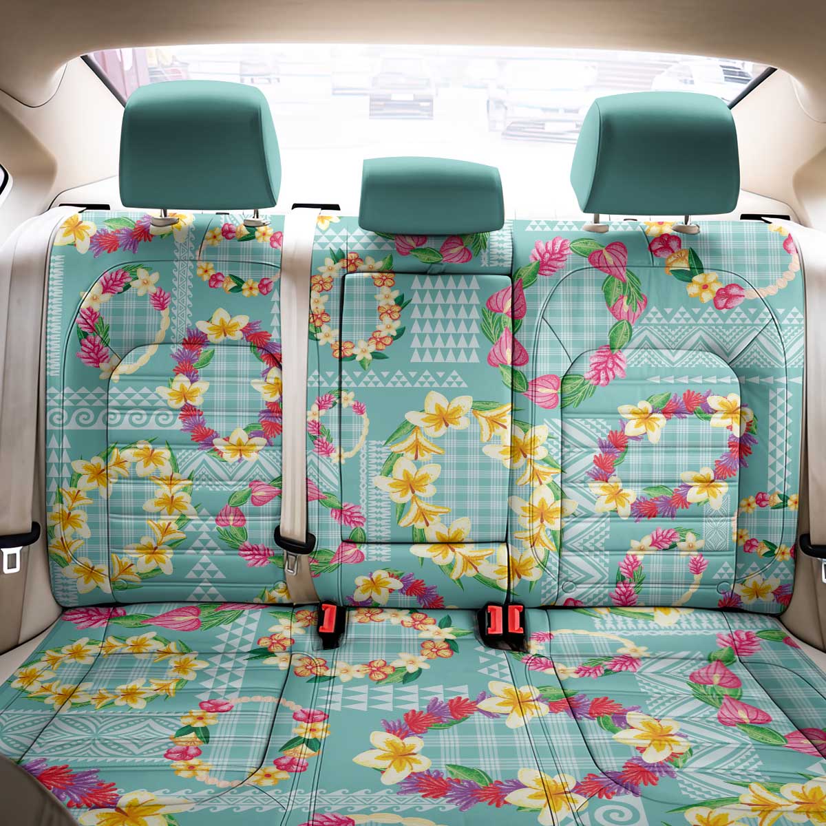 Hawaiian Leis Back Car Seat Cover Kakau Tattoos and Palaka Pastel Teal Color LT03 - Polynesian Pride